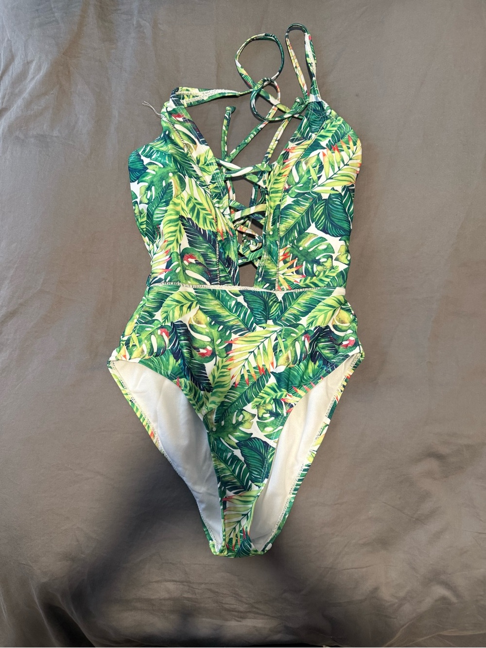XOXO Green Tropical Leaf Lace-Up One-Piece Swimsuit